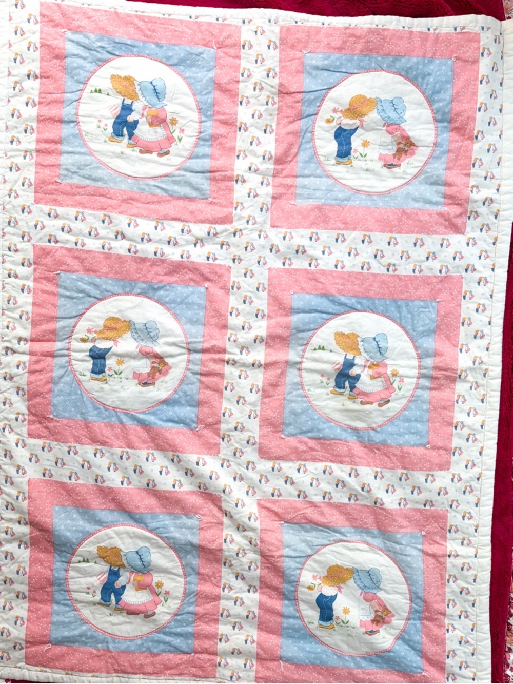 Vintage Sunbonnet Sue Quilt Baby Blanket Cottagecore Pink Blue